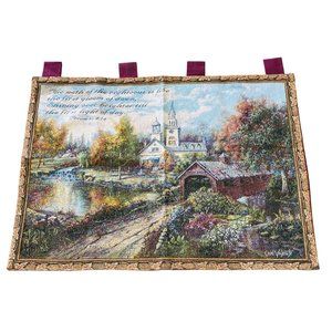 Maple Creek Covered Bridge Country Church Tapestry Wall Hanging w/Proverbs Verse